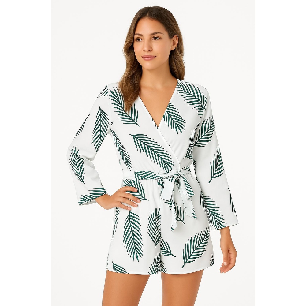 Cupshe Womens Medium Blue & White Wrap Romper Belted Waist 3/4 Sleeves Chic - Picture 2 of 13